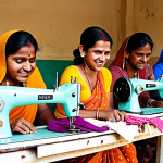 A group of women in a rural Indian village working together on sewing machines, creating products for a social enterprise. The scene is bright and colorful, showcasing empowerment and economic development. Focus on the happy and confident expressions of the women.