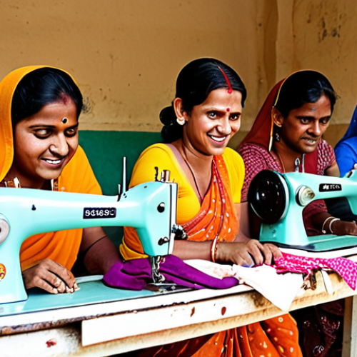 Home 19 A group of women in a rural Indian village working together on sewing machines, creating products for a social enterprise. The scene is bright and colorful, showcasing empowerment and economic development. Focus on the happy and confident expressions of the women.