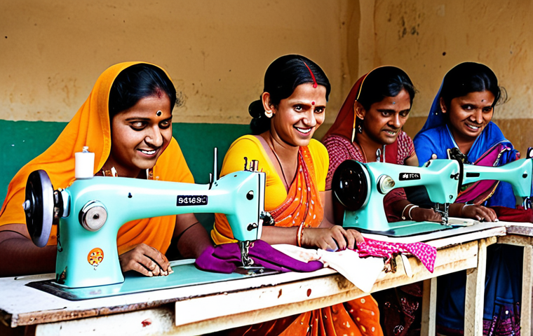 A group of women in a rural Indian village working together on sewing machines, creating products for a social enterprise. The scene is bright and colorful, showcasing empowerment and economic development. Focus on the happy and confident expressions of the women.
