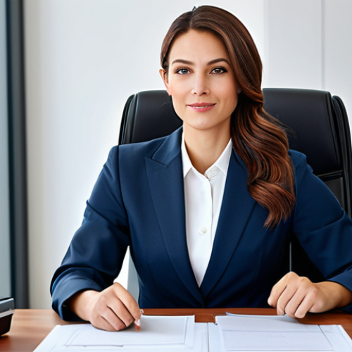 Home 8 A successful businesswoman in a modest, professional business suit, sitting confidently at a modern office desk, fully clothed, appropriate attire, safe for work, perfect anatomy, natural proportions, professional photography, high quality, family-friendly.