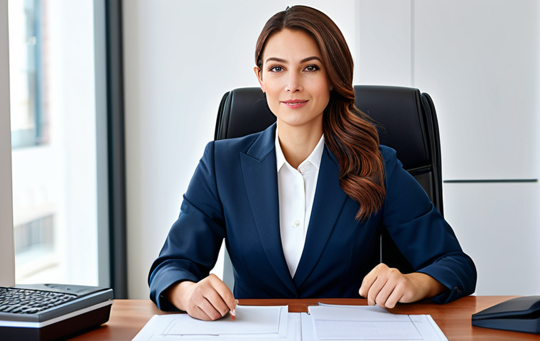 A successful businesswoman in a modest, professional business suit, sitting confidently at a modern office desk, fully clothed, appropriate attire, safe for work, perfect anatomy, natural proportions, professional photography, high quality, family-friendly.
