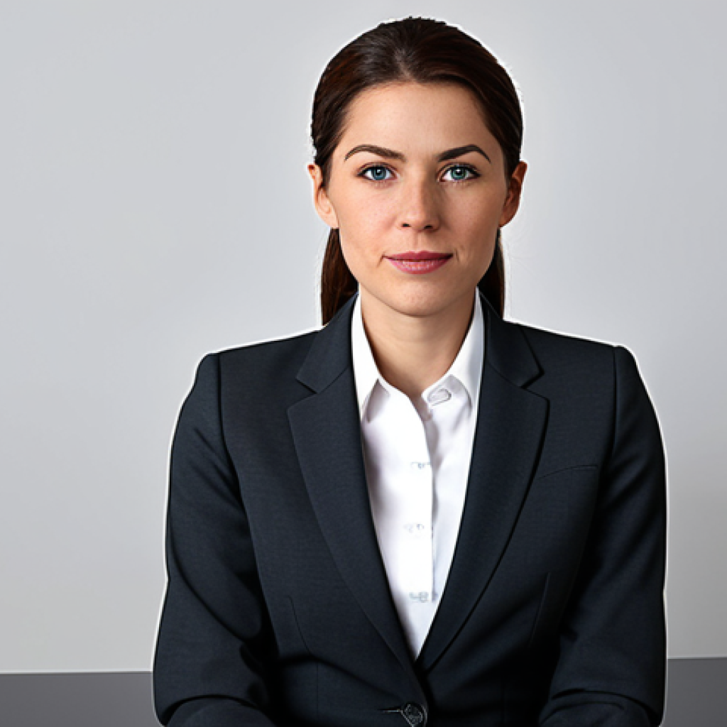 A professional businesswoman in a modest business suit, sitting at a desk in a modern office, fully clothed, appropriate attire, safe for work, perfect anatomy, natural proportions, professional photography, high quality.