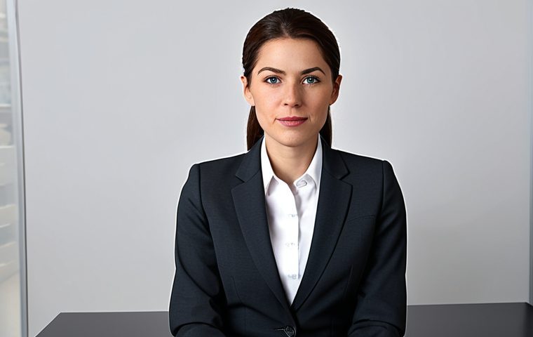 A professional businesswoman in a modest business suit, sitting at a desk in a modern office, fully clothed, appropriate attire, safe for work, perfect anatomy, natural proportions, professional photography, high quality.