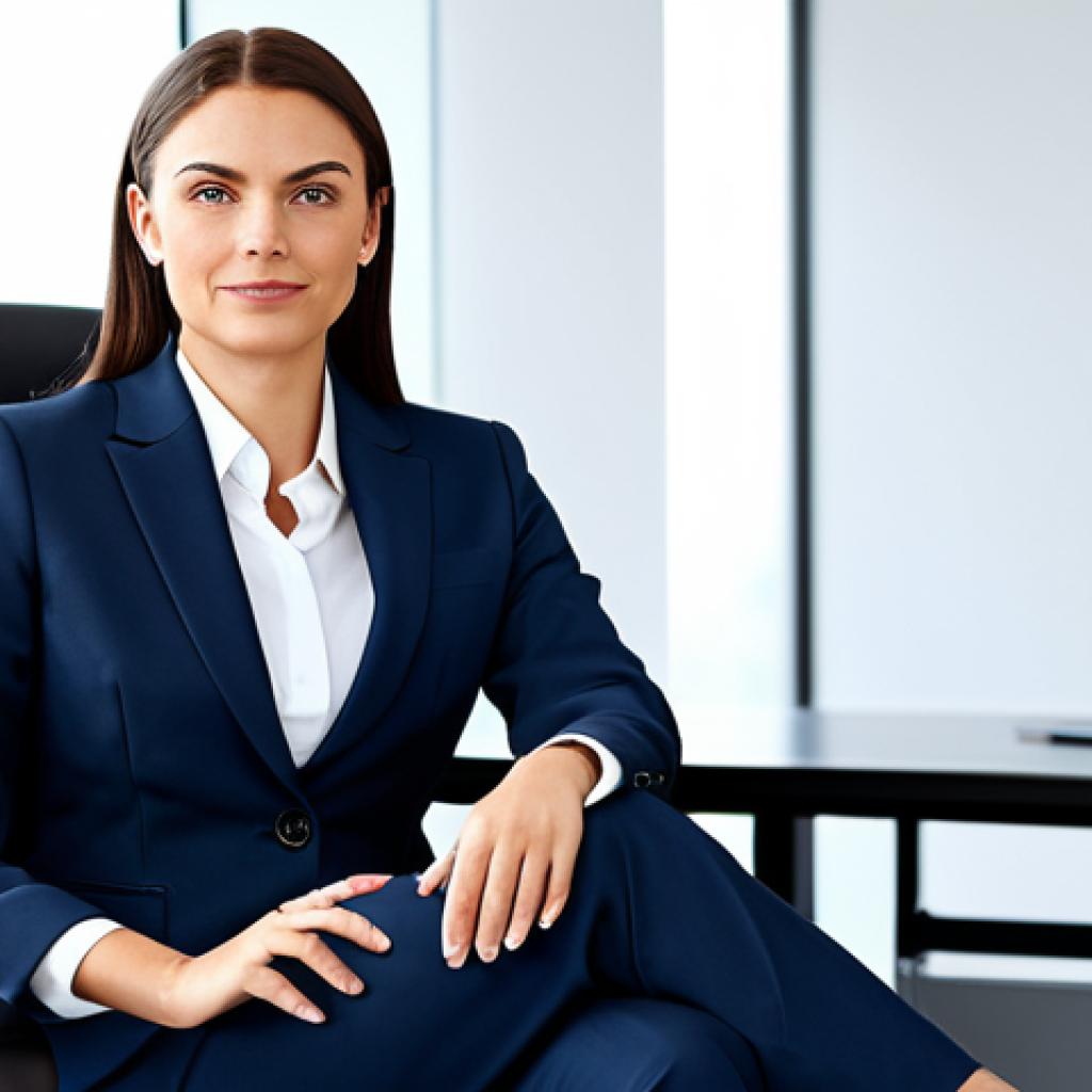 A professional businesswoman in a modest business suit, sitting at a desk in a modern office, fully clothed, appropriate attire, safe for work, perfect anatomy, natural proportions, professional photography, high quality.