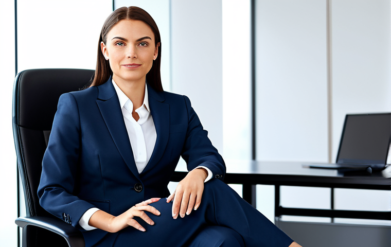 A professional businesswoman in a modest business suit, sitting at a desk in a modern office, fully clothed, appropriate attire, safe for work, perfect anatomy, natural proportions, professional photography, high quality.