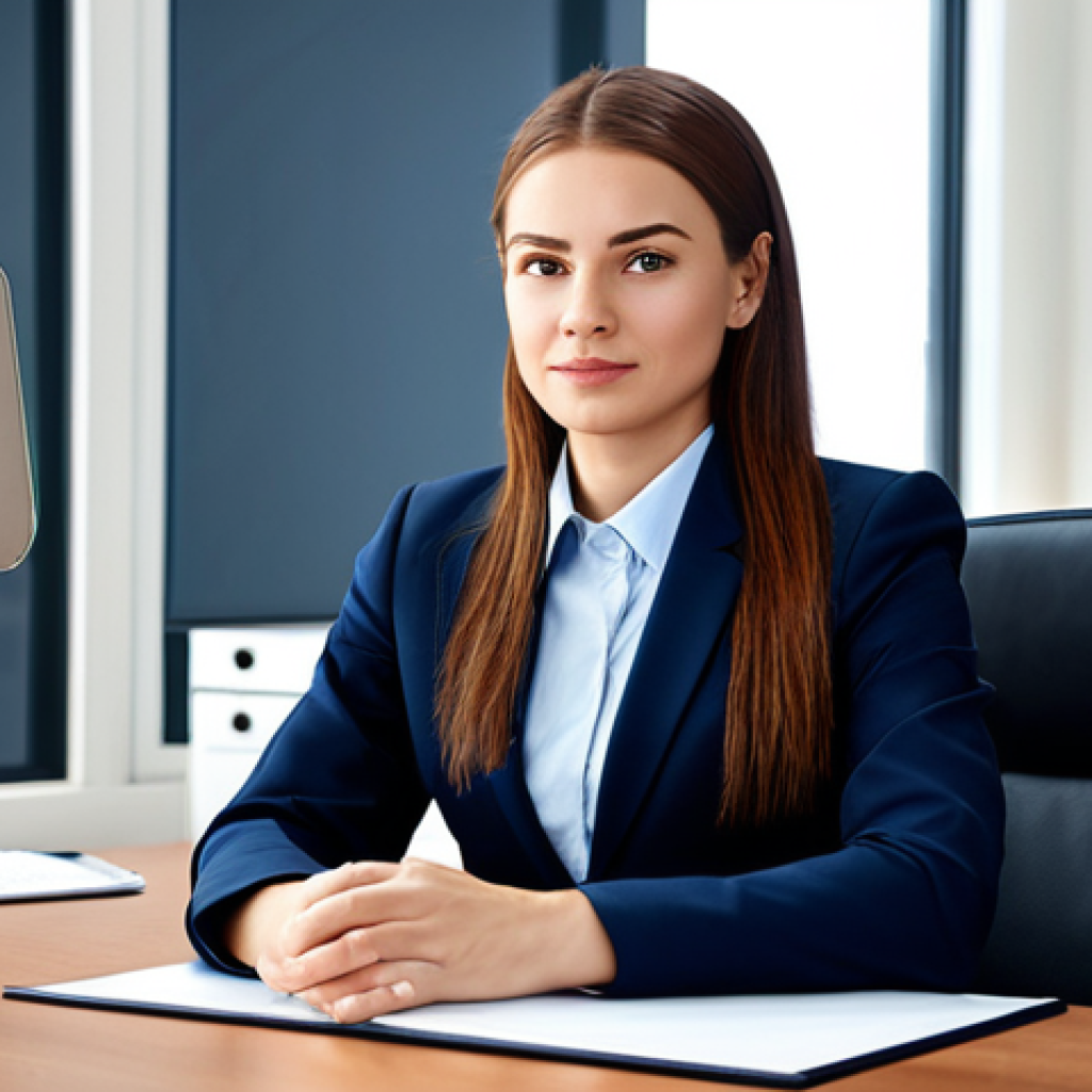 마케팅 성과 평가 - **Professional Woman in Office:** "A professional businesswoman in a modest business suit, sitting a...