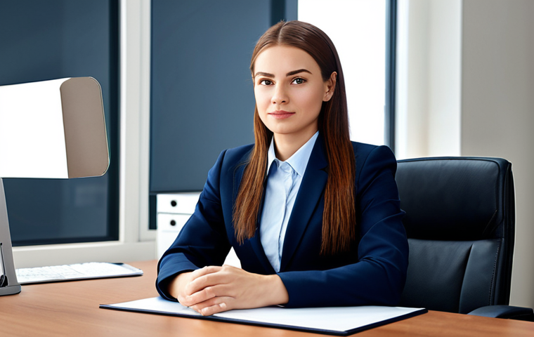 마케팅 성과 평가 - **Professional Woman in Office:** "A professional businesswoman in a modest business suit, sitting a...