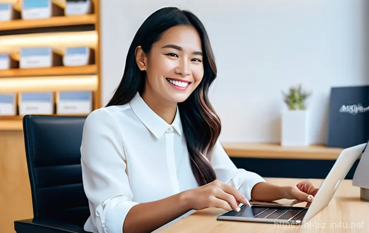 ERP 시스템 - **Prompt:** A cheerful female small business owner in her late 20s, dressed in a smart casual outfit...