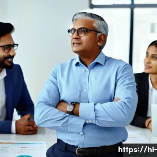 조직 리더십 스타일 - A diverse Indian corporate team in a modern office setting engaged in a democratic leadership meetin...