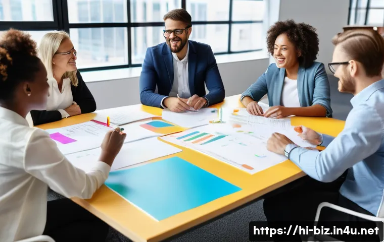 기업 혁신 전략 - A diverse corporate brainstorming session in a modern office with employees of different ages, gende...