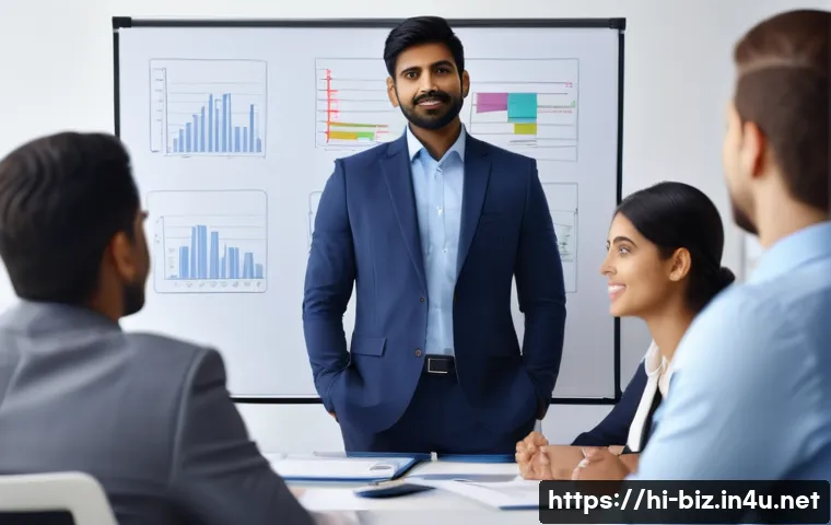 리더십 개발 - A confident Indian male leader in a modern office setting, engaging in active listening with diverse...