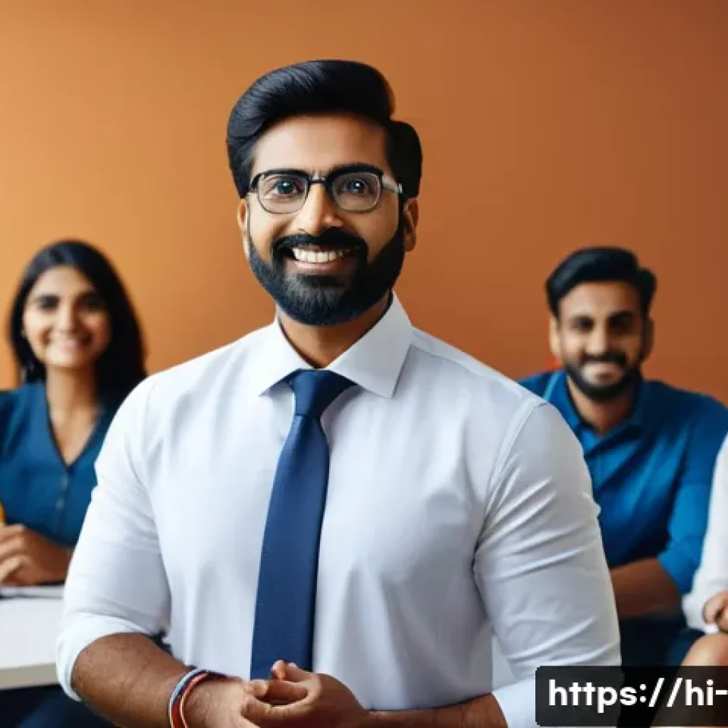 기업가의 리더십 - A confident Indian entrepreneur leading a diverse team meeting in a modern office, using clear and i...