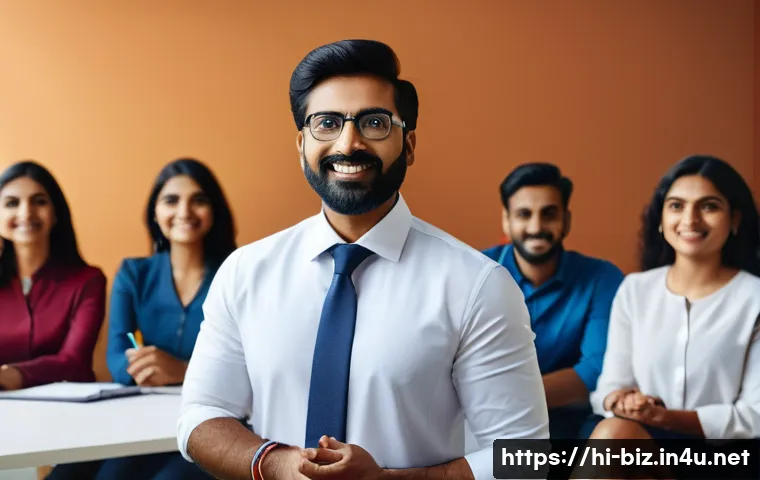 기업가의 리더십 - A confident Indian entrepreneur leading a diverse team meeting in a modern office, using clear and i...