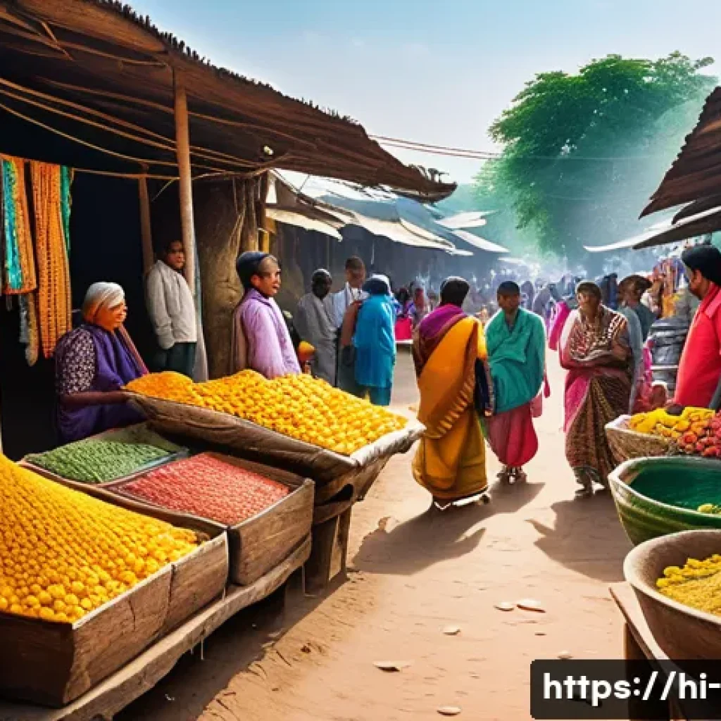 사업 확장 전략 - A vibrant marketplace scene in rural India showing diverse local people engaging in trade and conver...