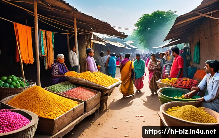 사업 확장 전략 - A vibrant marketplace scene in rural India showing diverse local people engaging in trade and conver...