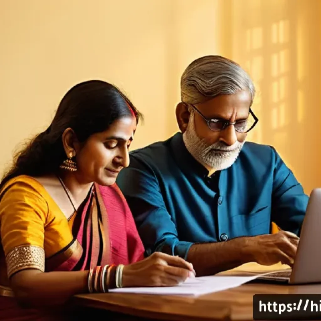 부채 관리 - A detailed scene of a middle-aged Indian man and woman sitting at a wooden table in a cozy home sett...