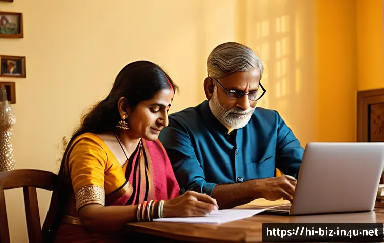 부채 관리 - A detailed scene of a middle-aged Indian man and woman sitting at a wooden table in a cozy home sett...