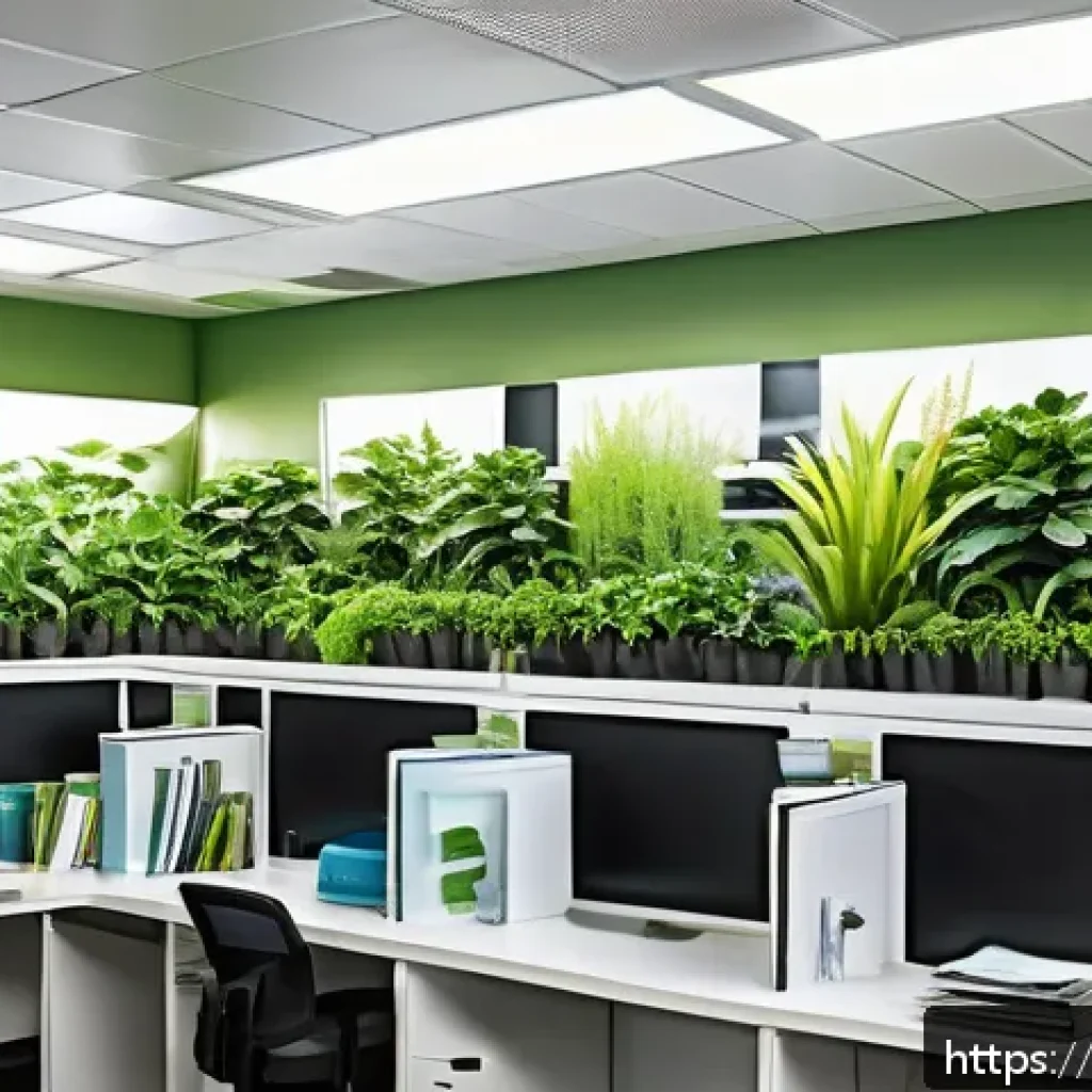 환경 친화적인 기업 전략 - A modern Indian office environment showcasing sustainable resource use: employees actively working u...