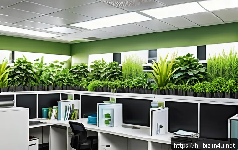 환경 친화적인 기업 전략 - A modern Indian office environment showcasing sustainable resource use: employees actively working u...