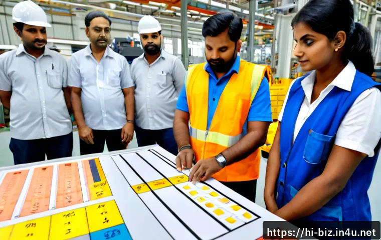 린 생산 - Photorealistic lean manufacturing factory floor, Indian production supervisor in clean safety vest r...