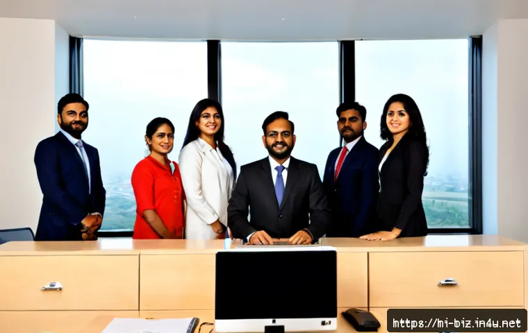 조직 구조 - Photorealistic modern Indian corporate office, diverse professional team arranged in a clear tiered ...